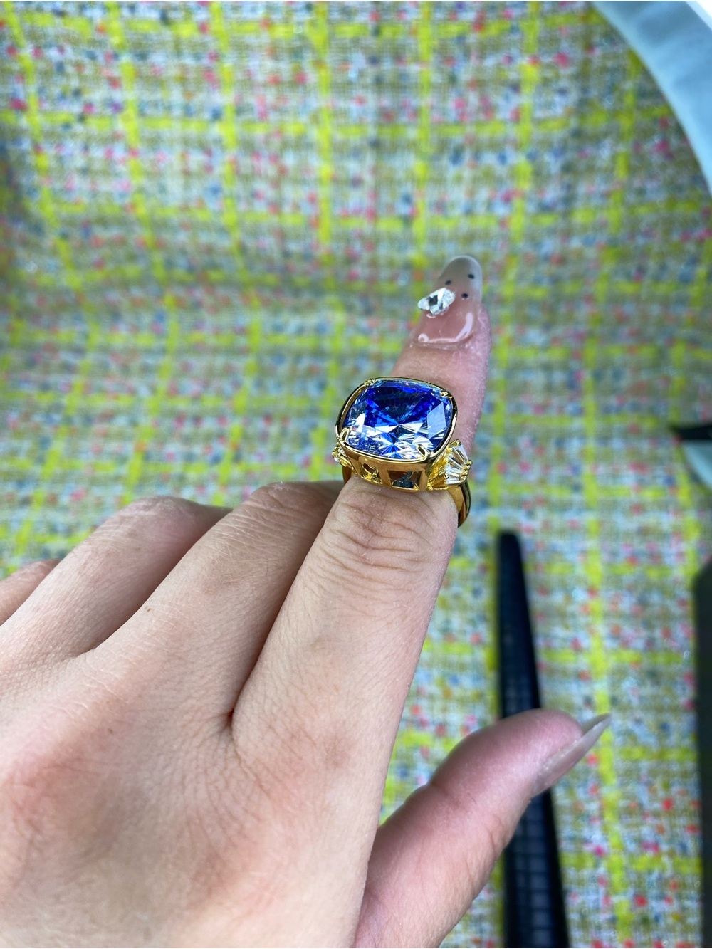 A great Gold Ring with Cushion Blue Gemstone - Women's Jewelry open size 5-13